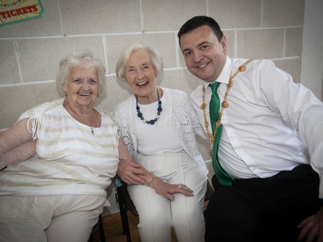 Bernie Gillespie and Chrissy Deeney Hillcrest Social Group pictured with the Mayor, Ruairi McHugh during Tuesday's DEEDS Tea Party in Creggan. (Photos: Jim McCafferty Photography) : .