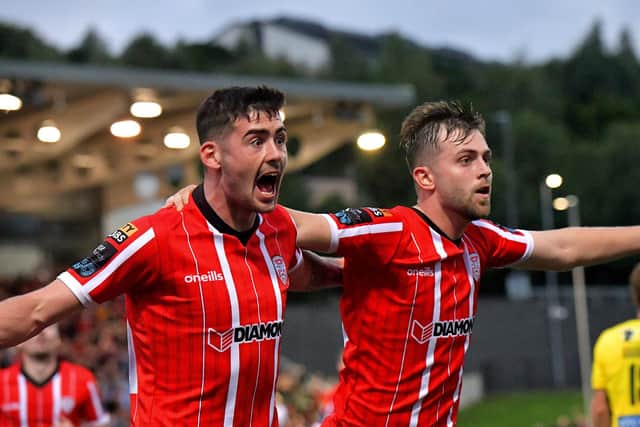 Cian Kavanagh celebrates scoring Derry City's second goal, against KuPs, with Will Patching. Photograph: George Sweeney