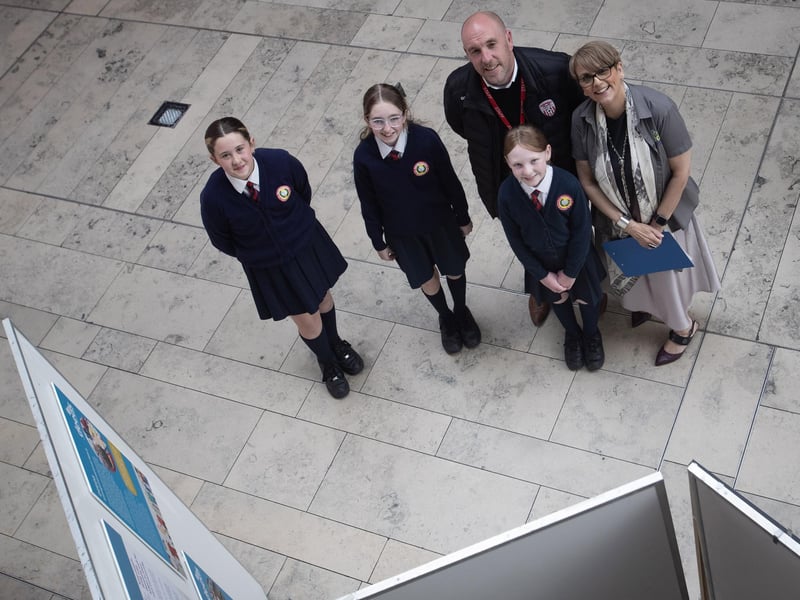 Mr. David O'Donnell and pupils from Holy Child Primary School pictured with Mrs. Sinead Devine, DEEDS Co-Ordinator, Old Library Trust, at Wednesday's DEEDS 'My Perfect Day – Our Perfect Day Exhibition' in the Millennium Forum, Derry.
