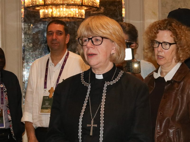 The new Archbishop of Canterbury, the Most Revd and Rt Hon Dame Sarah Mullally DBE joins in the singing of “Danny Boy” on her arrival at Ebrington Hotel, on Wednesday. (Photo - Deirdre Heaney, nwpresspics)