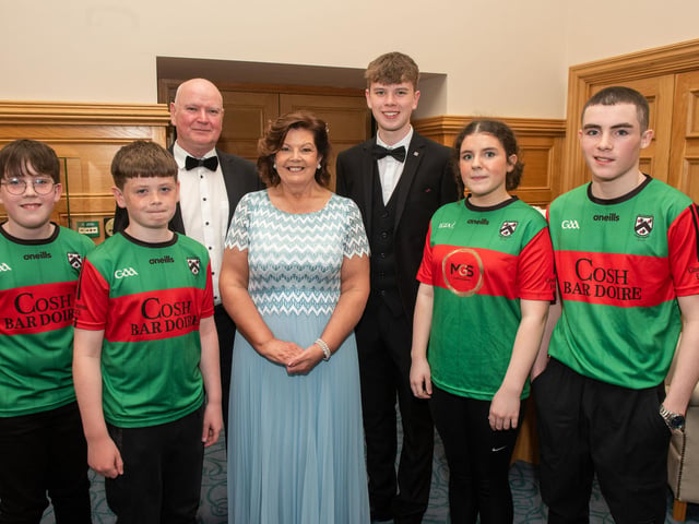 The Mayor Councillor Patricia Logue hosted the annual Mayor’s Ball in the Guildhall in aid of her crossed Charities the Foyle Hospice and Ryan McBride Foundation, pictured weith her husband James and members of the Ceili band who performed on stage. Picture Martin McKeown. 24.05.24