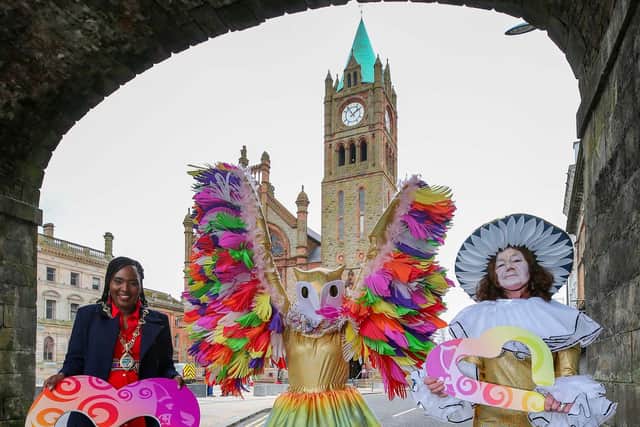 Mayor of Derry City and Strabane District Council, Councillor Lilian Seenoi-Barr, launching the city’s programme for the St Patrick’s Day Spring Carnival celebrations with performers from the North West Carnival Initiative. A full day of programming is planned for Monday March 17.