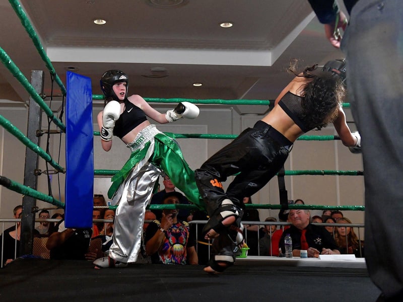 March 2023: Top Ring Gym’s Annie Murphy (left) fighting Baltoufa Manel, Tek Gym France, in the WKU Pro-Am World Title bout at the Everglades Hotel. Photo: George Sweeney