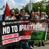 Some of the people who gathered at Free Derry Wall, on Saturday afternoon, to remember ‘The Nakba’, also known as the ‘Palestinian Catastrophe’,  - the destruction of Palestinian society and homeland in 1948. Photo: George Sweeney.  DER2319GS – 25 