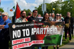 Some of the people who gathered at Free Derry Wall, on Saturday afternoon, to remember ‘The Nakba’, also known as the ‘Palestinian Catastrophe’,  - the destruction of Palestinian society and homeland in 1948. Photo: George Sweeney.  DER2319GS – 25 