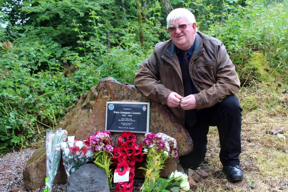 Liam Canning at a memorial stone to his late aunt Gertrude in Inveraray