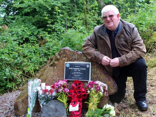Liam Canning at a memorial stone to his late aunt Gertrude in Inveraray