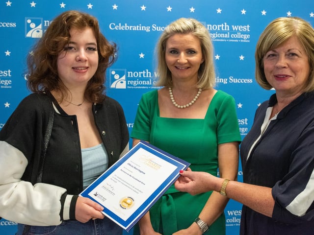 Olivia Harrington pictured with Dr. Lynda Hegarty, Head of Health, Sport and Science at NWRC, and Dr. Catherine O'Mullan, Director of Curriculum and Academic Standards at NWRC, at the Best in Further Education celebrations at North West Regional College.
