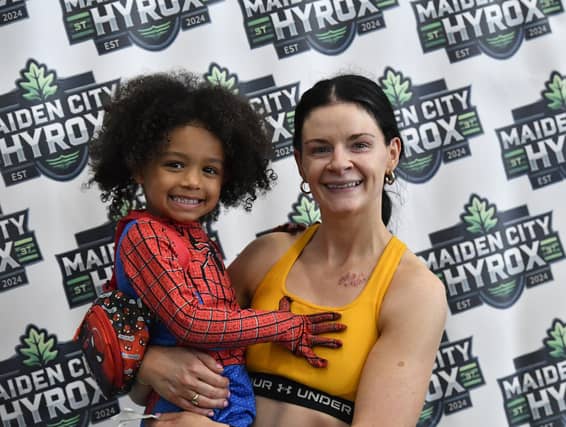 Suzanne McGilloway, pictured with her son, completed the Mixed Doubles at the Maiden City Hyrox IV held at Sean Dolans GAC, in a time of 1.01.43. Photograph: George Sweeney