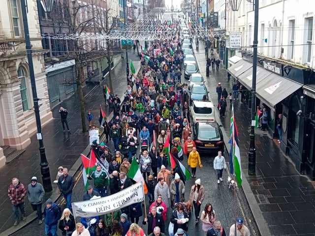Thousands participate in Derry rally for Palestine calling for a ceasefire in Gaza on January 13, 2024