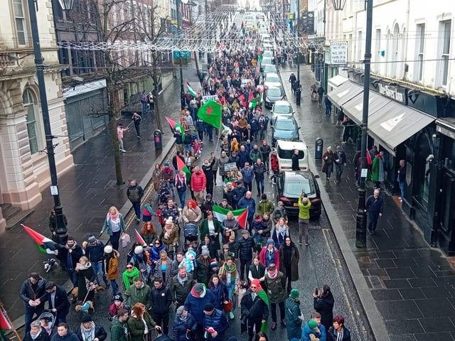 Thousands participate in Derry rally for Palestine calling for a ceasefire in Gaza on January 13, 2024