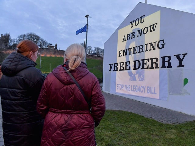 One of the images of 269 victims of state violence that were projected onto Free Derry Wall during Monday evening’s protest against the British government’s controversial Legacy Bill. The protest was organised by the Bloody Sunday Trust and the Pat Finucane Centre. Photo: George Sweeney. DER2313GS – 08