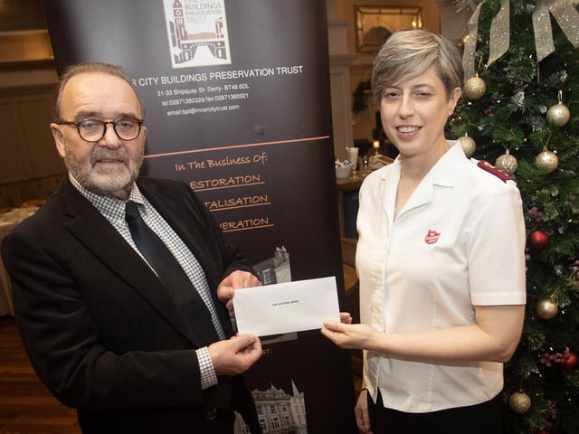 John Meehan, Inner City Trust, pictured handing over a cheque to Sharon Stevens, Salvation Army, at the Bishop's Gate Hotel, Derry on Thursday afternoon last. The event was part of the Inner City Trust's Annual Charity Giving. (Photos: Jim McCafferty Photography)