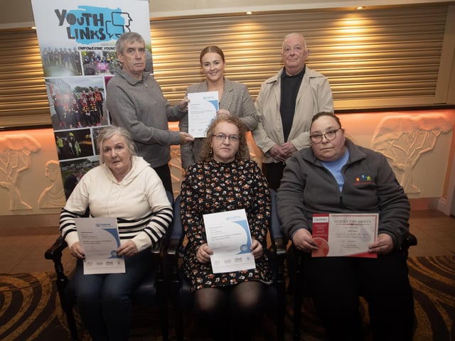 Paddy Jones presenting the Level 3 First Aid Awards and John Gurney, the Fire Safety Awards at the Enagh Youth Forum awards on Wednesday evening.