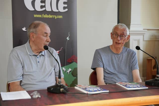 Mitchel McLaughlin and Paul Gosling during a discussion of Mr. Gosling's book 'A New Ireland - Five Year Review'.