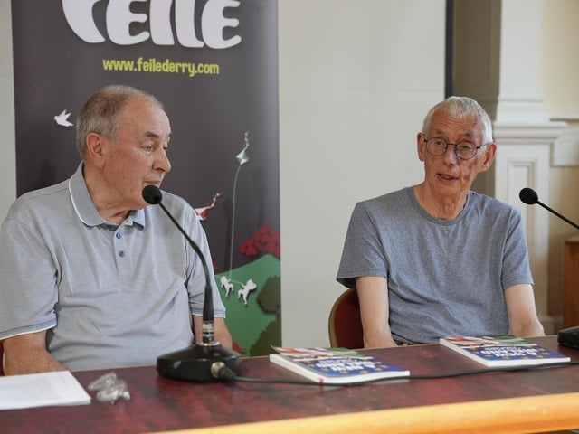 Mitchel McLaughlin and Paul Gosling during a discussion of Mr. Gosling's book 'A New Ireland - Five Year Review'.