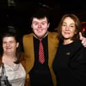 Dee Conaghan, right, Artistic Director of Stage Beyond Theatre Company, pictured with Catherine Campbell and Brendan Lavery, who starred in a production of 'The Memory Detective' which was staged in the Millennium Forum in 2019. DER2419-143KM