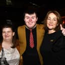 Dee Conaghan, right, Artistic Director of Stage Beyond Theatre Company, pictured with Catherine Campbell and Brendan Lavery, who starred in a production of 'The Memory Detective' which was staged in the Millennium Forum in 2019. DER2419-143KM