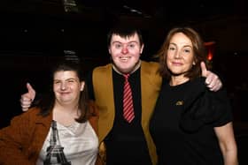Dee Conaghan, right, Artistic Director of Stage Beyond Theatre Company, pictured with Catherine Campbell and Brendan Lavery, who starred in a production of 'The Memory Detective' which was staged in the Millennium Forum in 2019. DER2419-143KM
