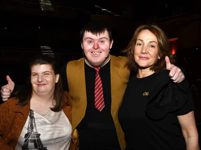 Dee Conaghan, right, Artistic Director of Stage Beyond Theatre Company, pictured with Catherine Campbell and Brendan Lavery, who starred in a production of 'The Memory Detective' which was staged in the Millennium Forum in 2019. DER2419-143KM
