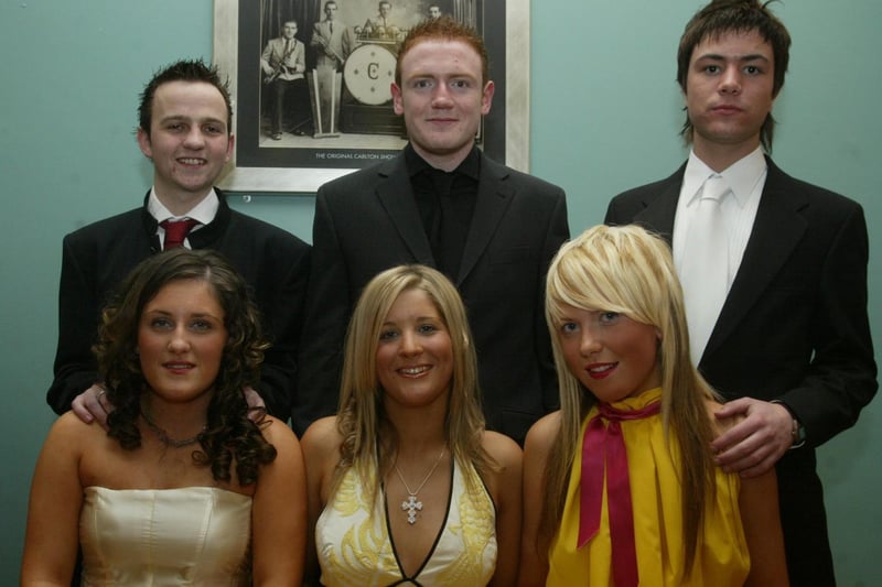 Ashley Watkins, Claire Elliott and Alannah Quinn with Gary Johnston, Gary Gallagher and Steven Haughey. Attendees at the formal in Strabane in April 2004
