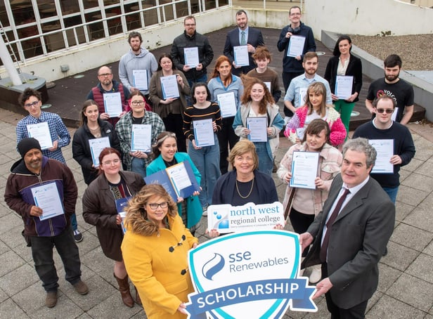 NWRC students who received an SSE Renewables scholarship  pictured with Michelle Donnelly, Community Investment Manager, SSE Renewables, Dr. Danny Laverty, NWRC’s Head of Creative Industries and Dr. Catherine O’Mullan, NWRC’s Director of Curriculum and Academic Standards. 