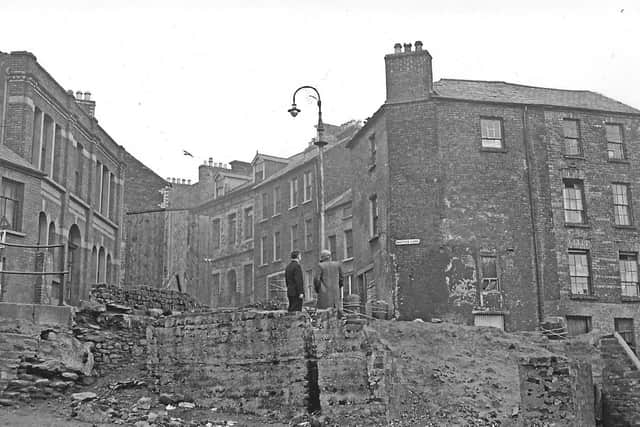Bridge Street pictured in the 1970s before redevelopment. In the foreground is the crater left after the collapse of McIntyre’s Bar.