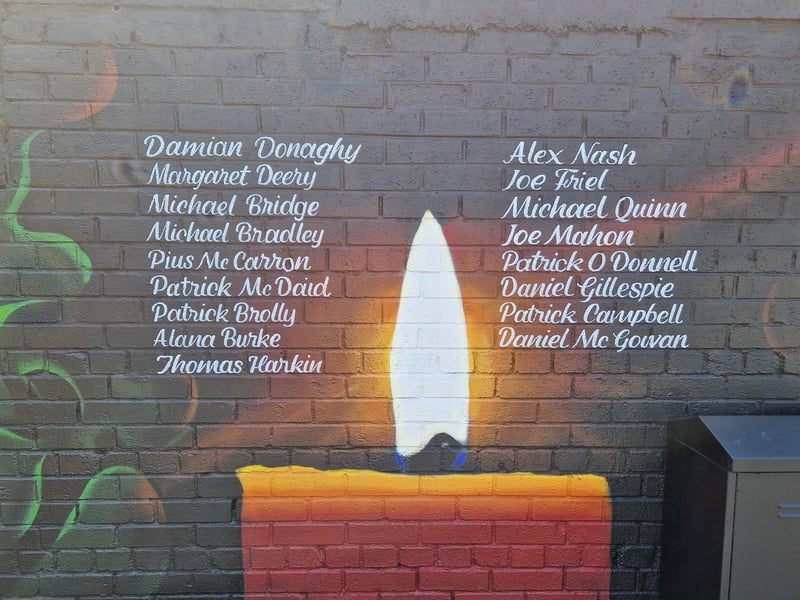 The names of the injured. Paddy Nelis was responsible for the sign-writing on the mural.