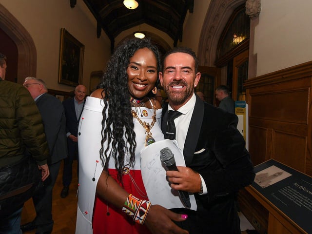 SDLP Colr Lilian Seenoi-Barr, newly elected mayor of Derry and Strabane, pictured Mickey Doherty at the Guildhall on Monday Evening. Photo: George Sweeney