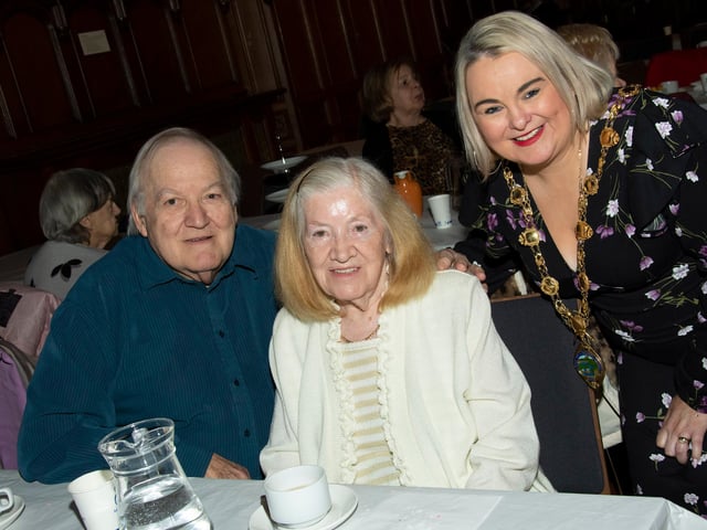 Dug and Evelyn Land celebrate their 55th Wedding Anniversary, they are pictured with Mayor Sandra Duffy.:.