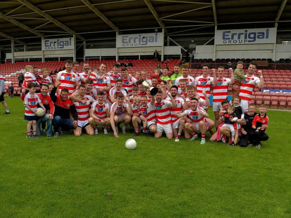 Ballerin players celebrate their Neil Carlin Cup victory over Doire Trasna in Celtic Park, on Sunday afternoon.  Photo: George Sweeney. DER23119GS – 10 