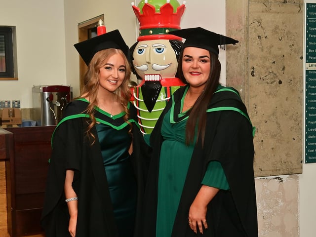 Pacemaker Press 13/12/22From L-R Kate Devlin from Drumquin and Ellen McBride from Omagh ,Who graduated in Nursing at the Ulster University graduation in the Millennium Forum in Derry on Tuesday.Pic  Pacemaker:.