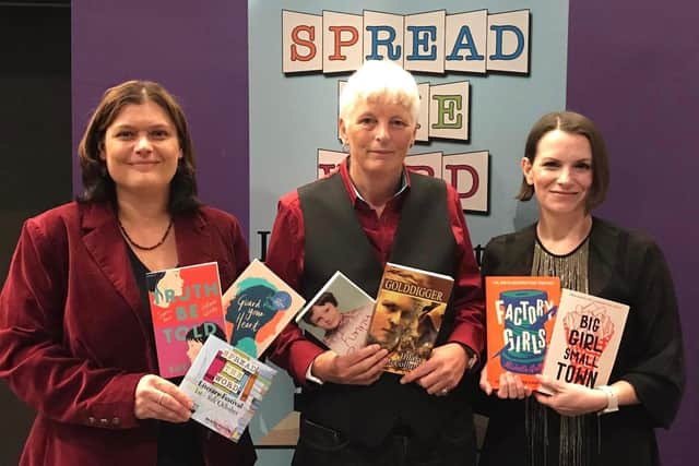 Sue Divin with Hilary McCollum and Michelle Gallen at the Waterside Theatre's Spread the Word Literary Festival.