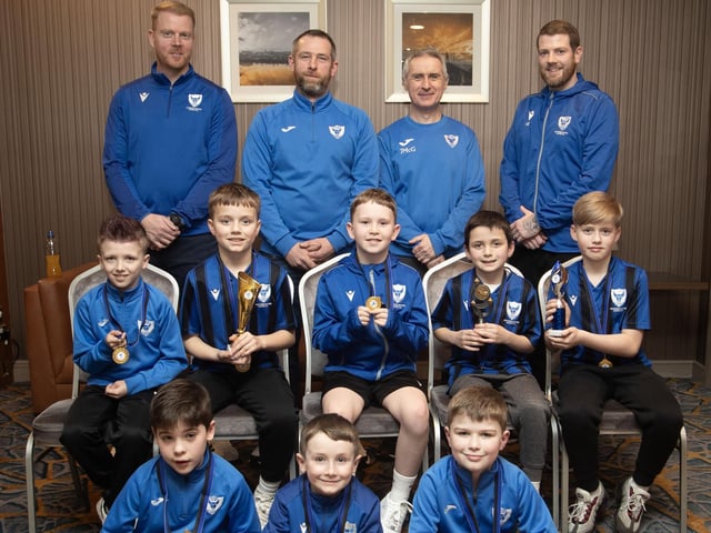 The 2015s Oxford United squad pictured with coaches Connor Donaghey, Anthony Doherty, James McGarrigle and Marty Beattie at the awards ceremony in the Maldron Hotel, Derry.