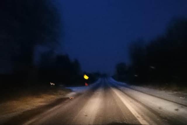 Snow on the Glentogher to Quigley's Point road this morning. Drivers have been urged to be aware of potentially hazardous driving conditions across the north west.