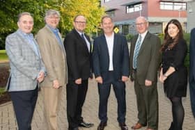 Representatives from ATU, Tyndall, Ulster University, and Seagate at the announcement of the SPEAR Centre. L–R: Dr Stephen Seawright (ATU), Peter Smyth (Tyndall), Professor William Scanlon (Tyndall), Dr Nick Timmons (ATU), Gerry Kindlon (Seagate), Maria Gallagher (ATU), Peter Devine (Ulster University).