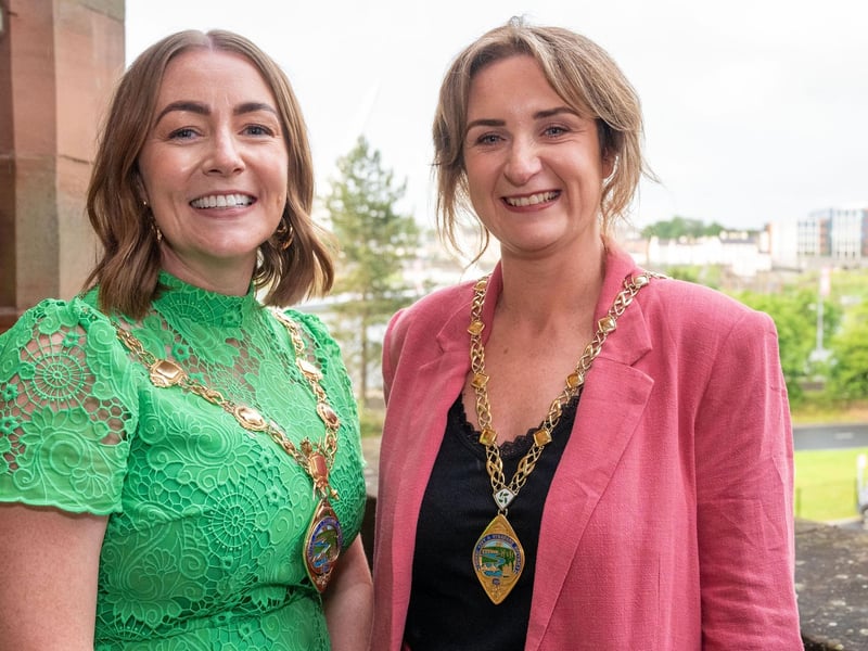 Councillor Grace Uí Niallais (SF), left, who is the new Mayor of Derry City and Strabane District Council following the AGM in the Guildhall on Monday with Deputy Mayor Councillor Catherine McDaid (SDLP). Picture Martin McKeown. 01.06.26