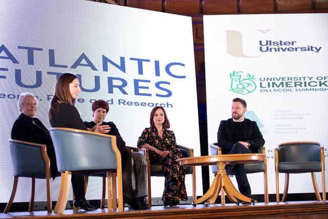 Atlantic Futures launch event panel on Institutional and Cultural factors facing the region: Dr Caroline Murphy (Chair), Mary McKenna (Awaken Hub), Jennifer McKeever (Founding Director, Airporter), Professor Siobhan O’Neill (UU and NI Mental Health Champion) and Ian Power (CEO Spunout)