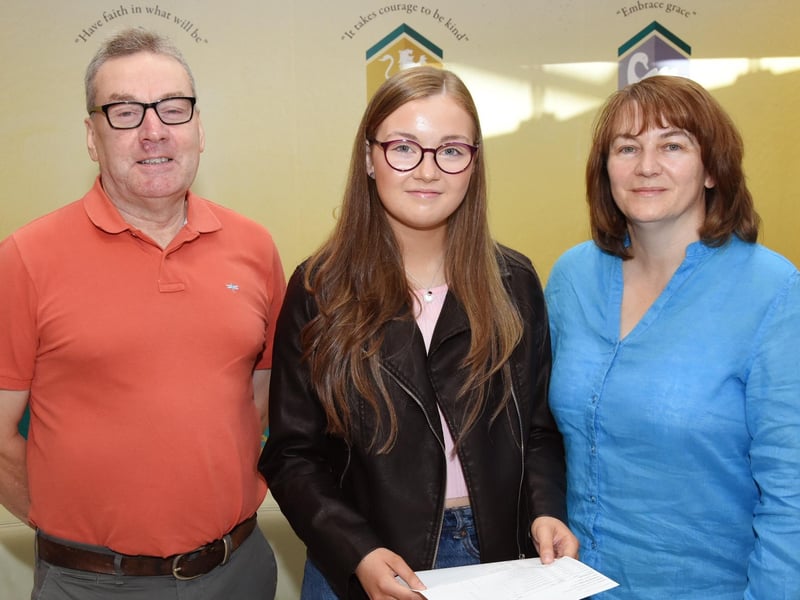 TOP MARKS RACHEL!. . . . . Rachel Clifford with mum Sharon and dad Damien at St. Cecilia's College on Thursday morning.