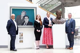 Pictured at the launch of the Hume Exhibition at Ulster University in Belfast are (L-R) Tim Attwood, Foundation Secretary, John and Pat Hume Foundation; Catherine O’Connor, Dublin tapestry artist; Liz O’Kane, Ballymena born sculptor; Malachy O’Neill, Director of Regional Engagement, Ulster University. Photo by Stephen Davison (Pacemaker Press).