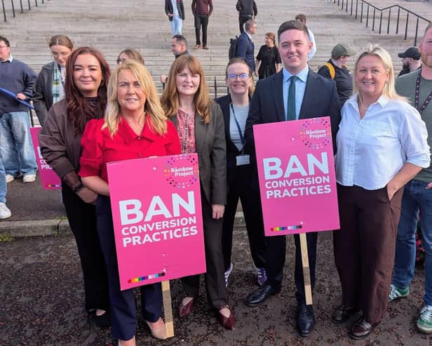 Paul Boggs with Sinn Féin colleagues including Ciara Ferguson and Caoimhe Archibald with members of The Rainbow Project as they called for a ban on conversion therapy at Stormont.