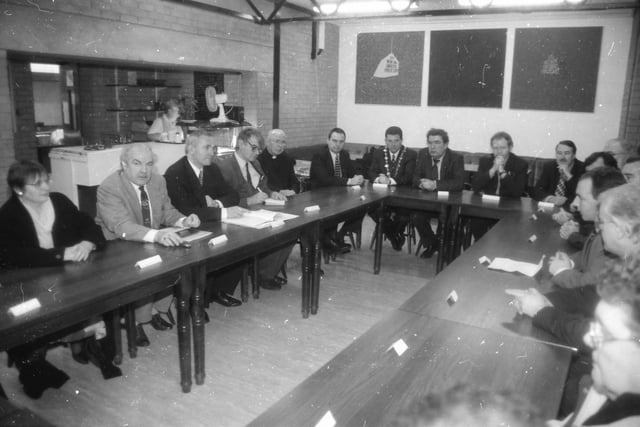 Taoiseach Bertie Ahern and Fianna Fáil delegates meeting local politicians and civic representatives and the Bloody Sunday families in January 1998.