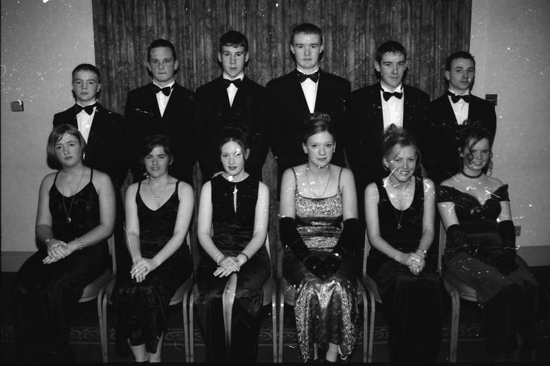Seated, from left, Catherine Devenney, Mairead Stewart, Serla Moore, Catríona Kerrigan, Danielle Doherty and Margaret Mary White (head girl). Standing, from left, James McMenamin, Joe Deery, David Ferry, Sean Leonard, Gary King and Joseph Miller. Pictured at the St. Brigid's High School Formal in January 1998.