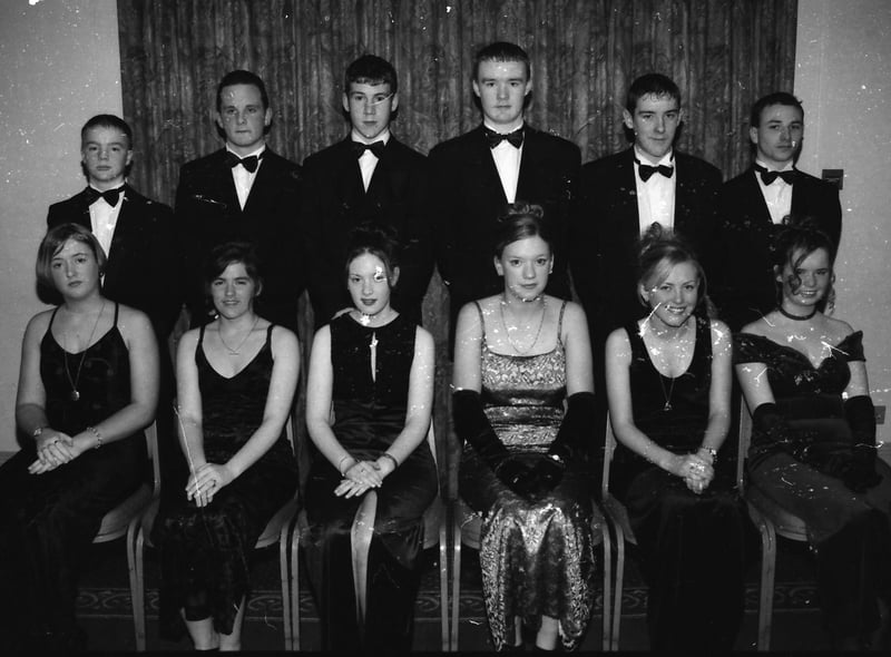 Seated, from left, Catherine Devenney, Mairead Stewart, Serla Moore, Catríona Kerrigan, Danielle Doherty and Margaret Mary White (head girl). Standing, from left, James McMenamin, Joe Deery, David Ferry, Sean Leonard, Gary King and Joseph Miller. Pictured at the St. Brigid's High School Formal in January 1998.