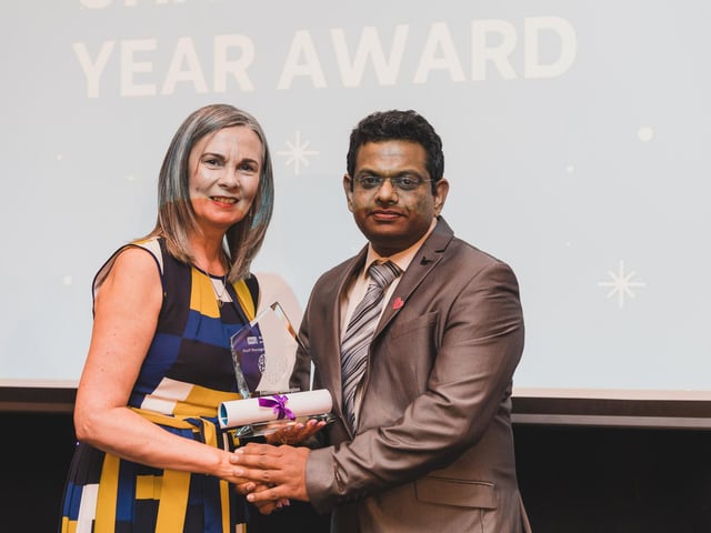 Frontline Champion of the Year Award Winner, Girish Shivashankar, Consultant Nephrologist, Altnagelvin Hospital pictured with Karen Hargan, Director of Human Resources & Organisation Development.