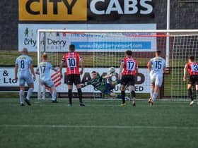 Derry City goalkeeper Brian Maher saves brilliantly from Shane Farrell's penalty in a 0-0 draw against Shelbourne.