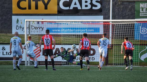 Derry City goalkeeper Brian Maher saves brilliantly from Shane Farrell's penalty in a 0-0 draw against Shelbourne.