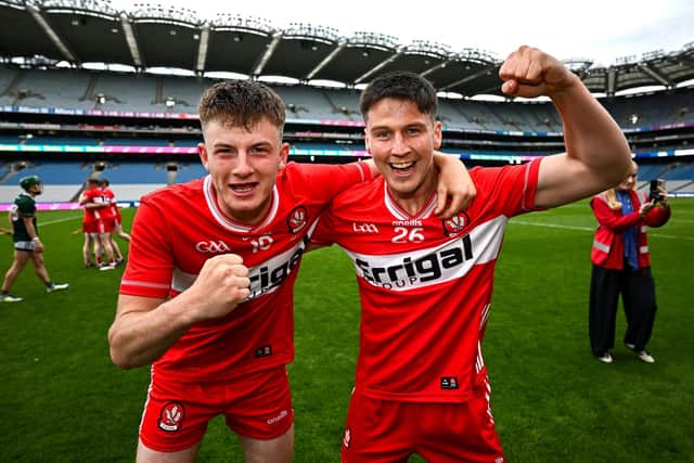 Derry players Connor Melaugh, left, and Ryan McGarvey celebrate in Croke Park. Photo by Seb Daly/Sportsfile