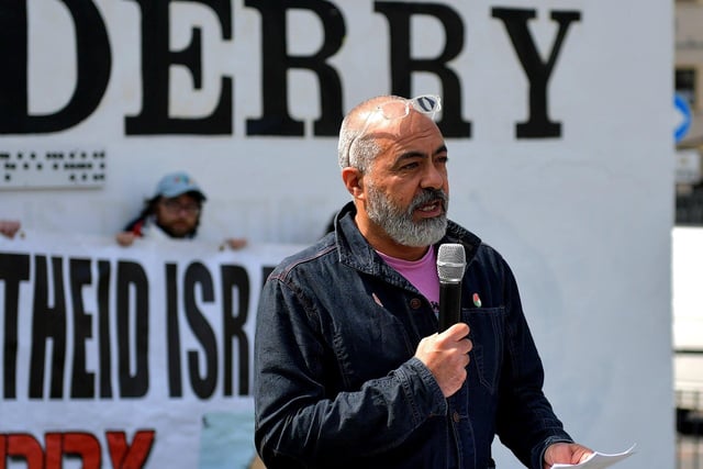 Fadi Mustafa, from Donegal, speaking at Free Derry Wall, on Saturday afternoon, at a gathering to remember ‘The Nakba’, also known as the ‘Palestinian Catastrophe’, - the destruction of Palestinian society and homeland in 1948. Photo: George Sweeney. DER2319GS – 29