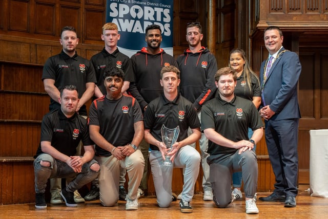 The Mayor, Councillor Ruairí McHugh, pictured with Strabane Cricket Club Men’s Senior Team who received the 'Team of the Year' award as he hosted the annual Derry City and Strabane District Council Sports Awards in the Guildhall. Picture Martin McKeown. 05.06.25